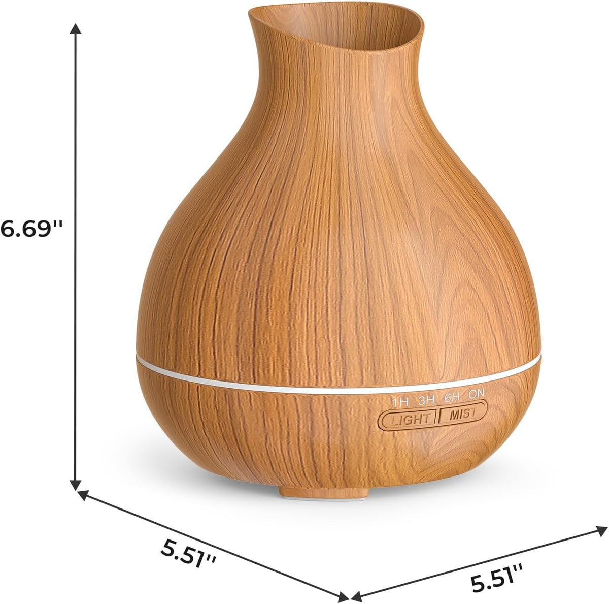 Three-quarter view of the wood-grain diffuser with measurement arrows around it.