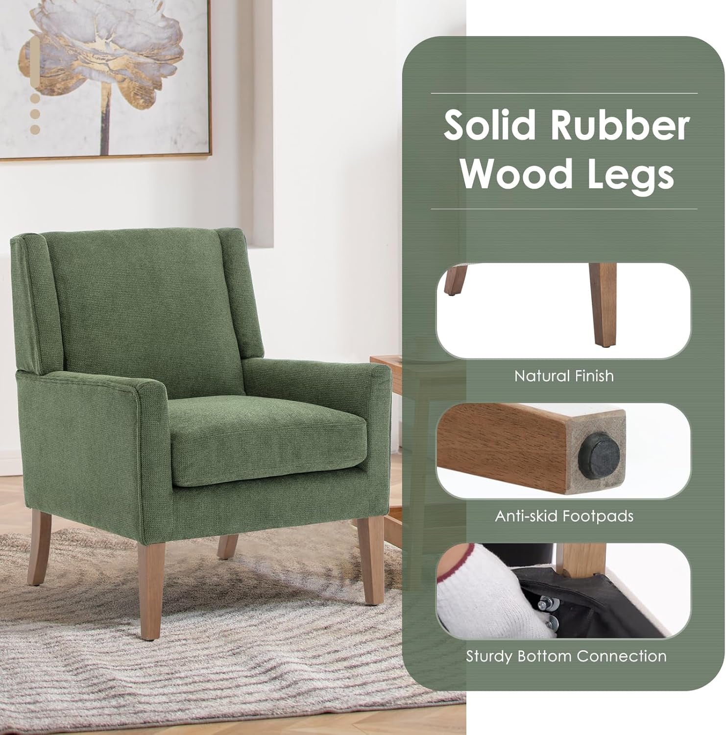 Close-up of chair showing solid rubberwood legs, anti-skid footpad and bottom connection detail