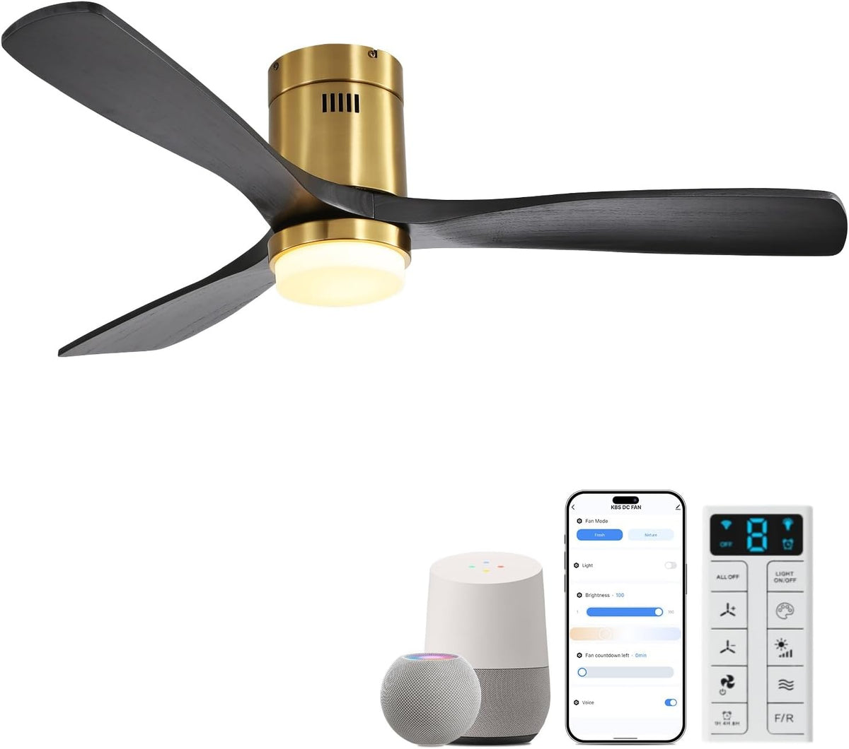 Three‑blade dark wood fan shown on white background with illuminated center and voice‑control devices