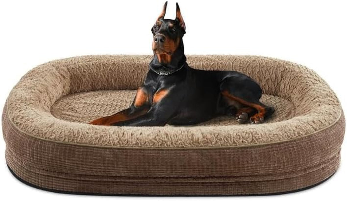 Brown oval bolster dog bed with a Doberman reclining inside