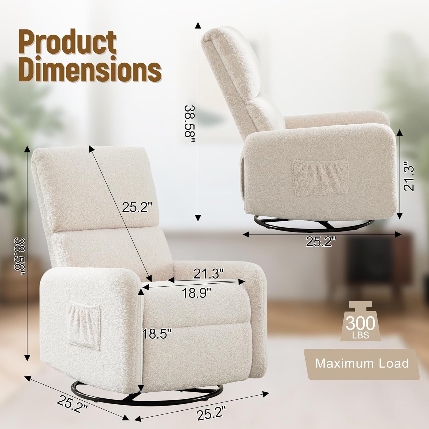 Two side and front profile views of the same cream rocking chair with measurement arrows overlaid.
