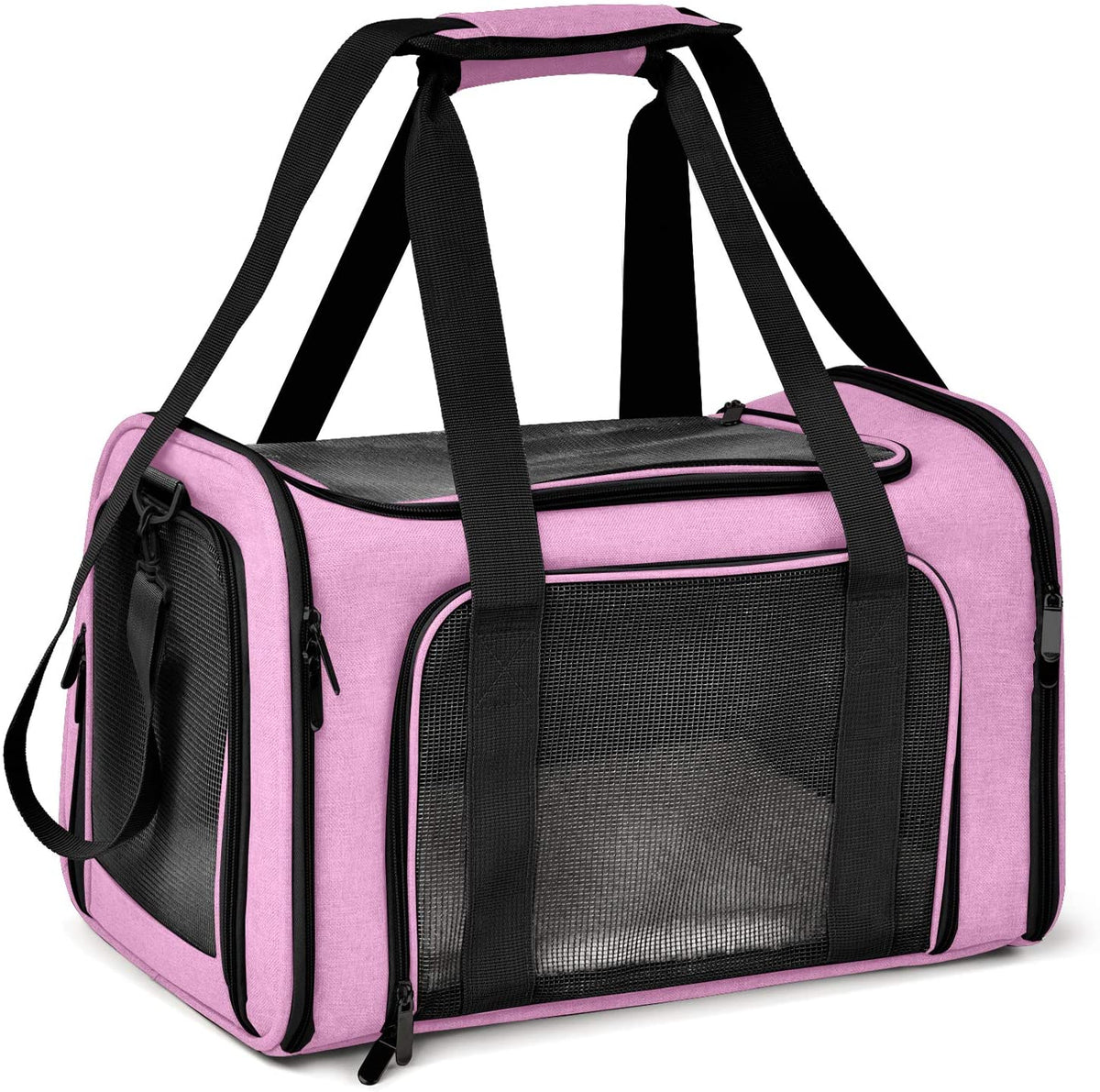 Angled front view of a pink soft-sided pet carrier showing mesh windows and dual carrying straps