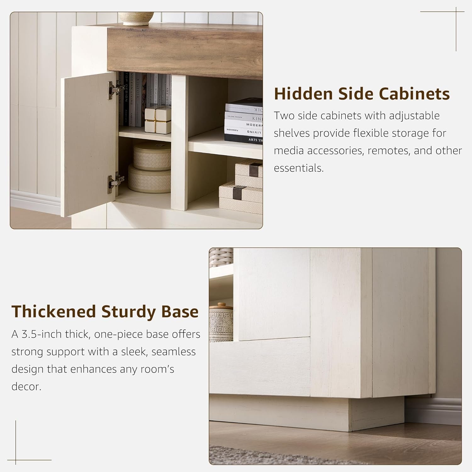 Close-up of side cabinet and 3.5-inch plinth base in antique white, showing inner storage and door hinge