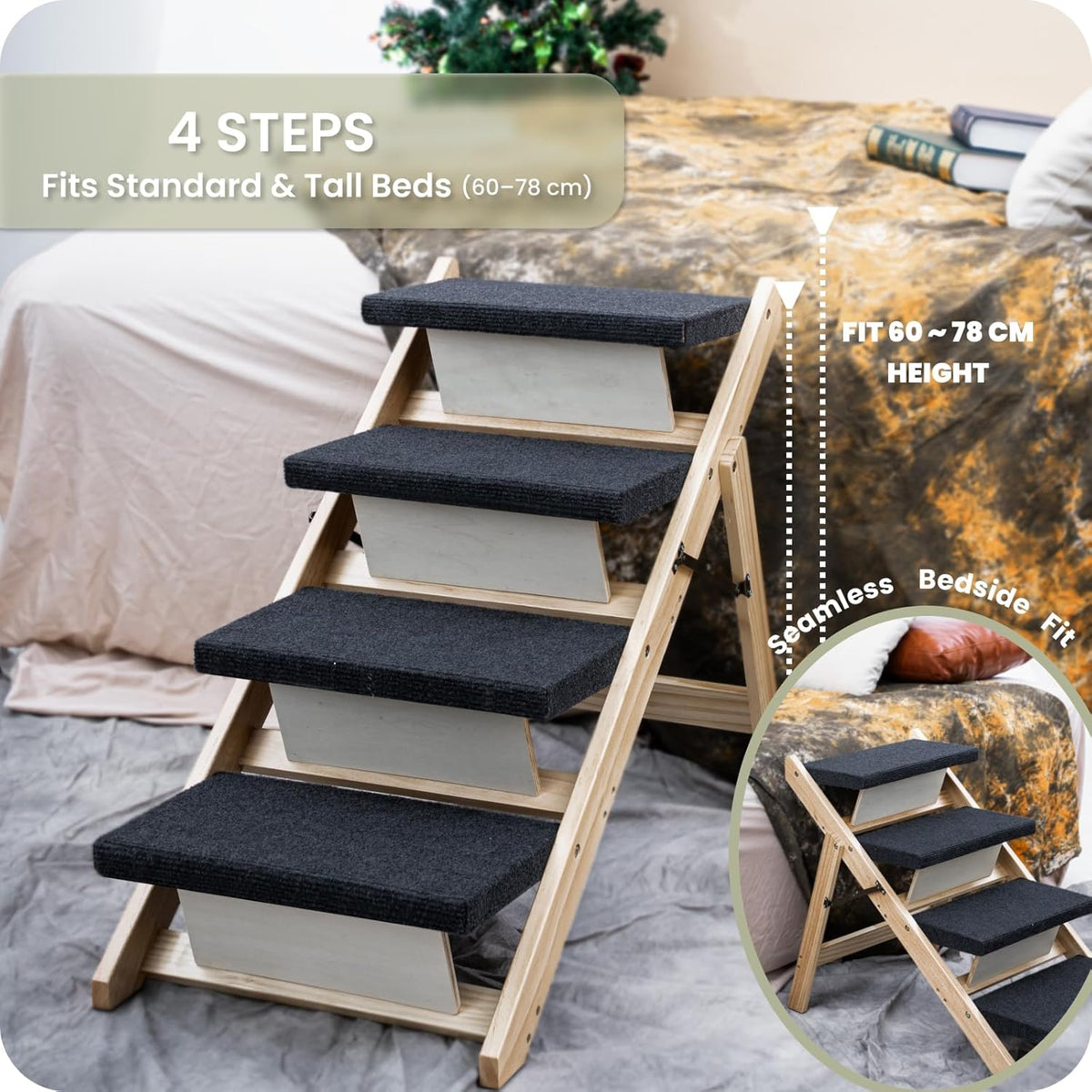 Three-quarter view of four-step wooden pet stairs set beside a bed with dark gray carpeted treads.