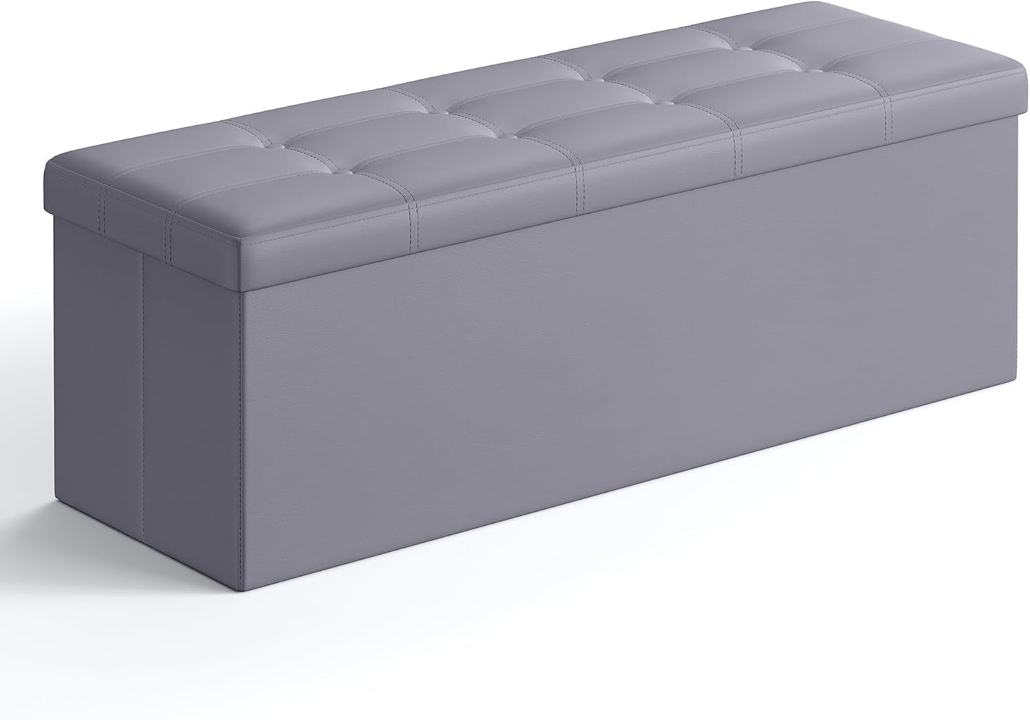 Tufted rectangular storage bench in muted gray shown at an angled three-quarter view