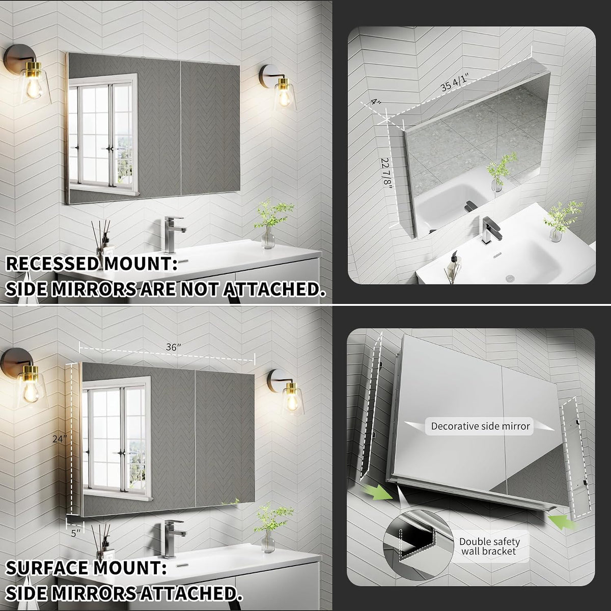 Graphic collage showing recessed vs surface mount installation and detachable decorative side mirrors
