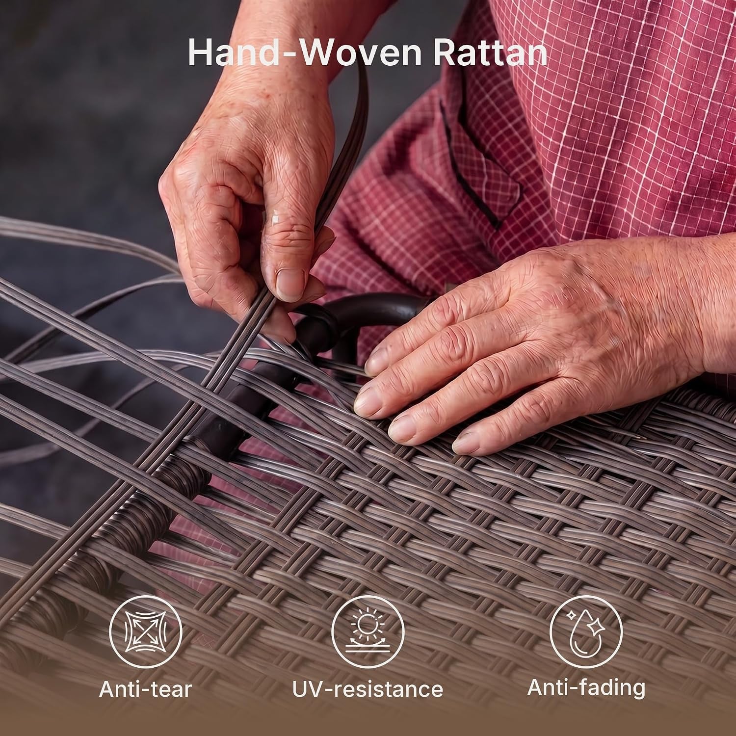 Close-up of a pair of hands hand-weaving gray PE rattan over a sofa frame.