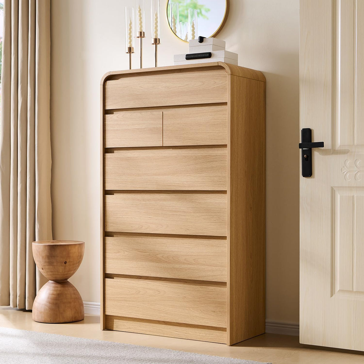 Natural oak 7-drawer tall dresser front quarter view in a light bedroom setting