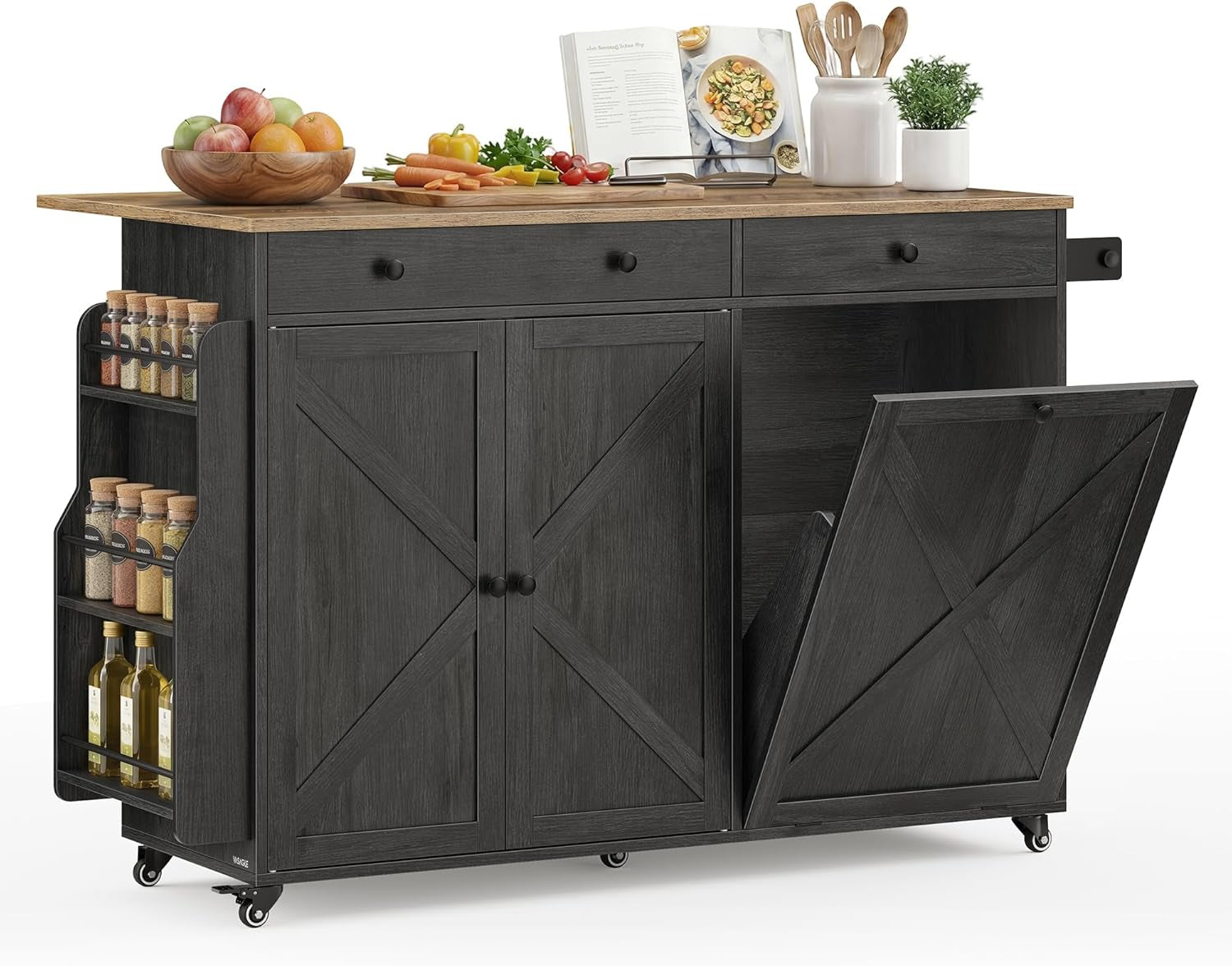 Dark gray/black version of the mobile island showing closed doors and a tilted laundry-style door