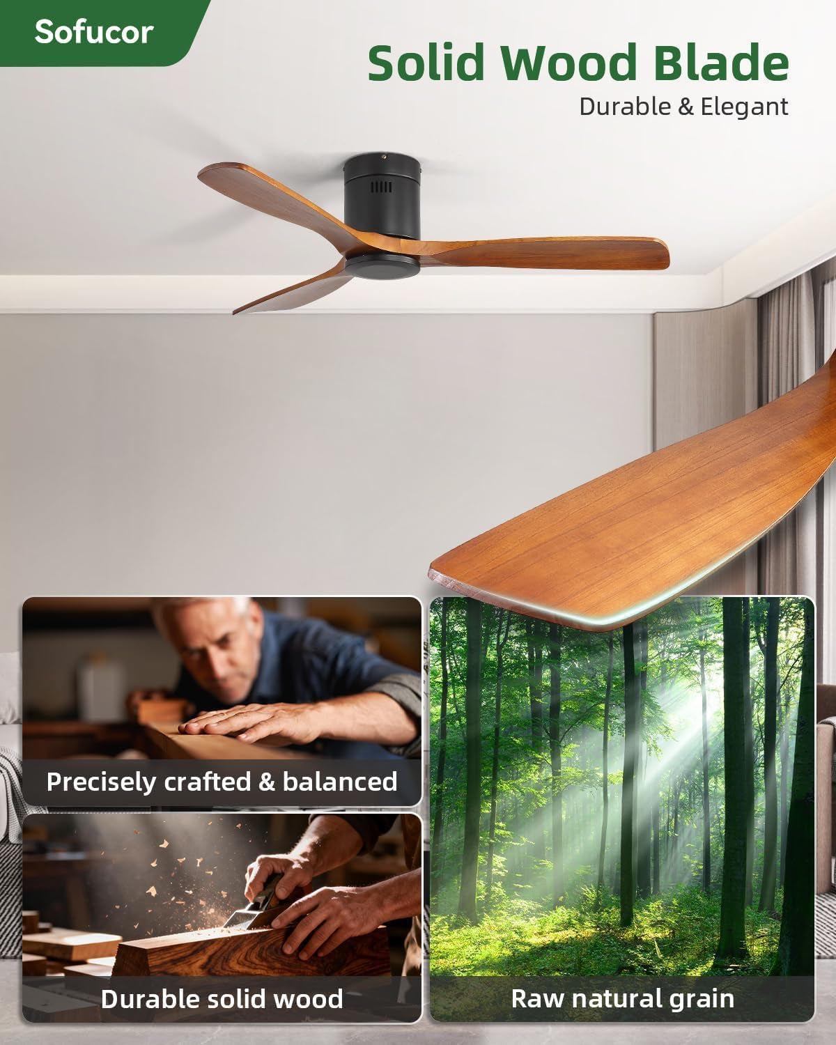 Close-up of a curved brown solid wood blade and black low-profile canopy on a flush-mounted ceiling fan