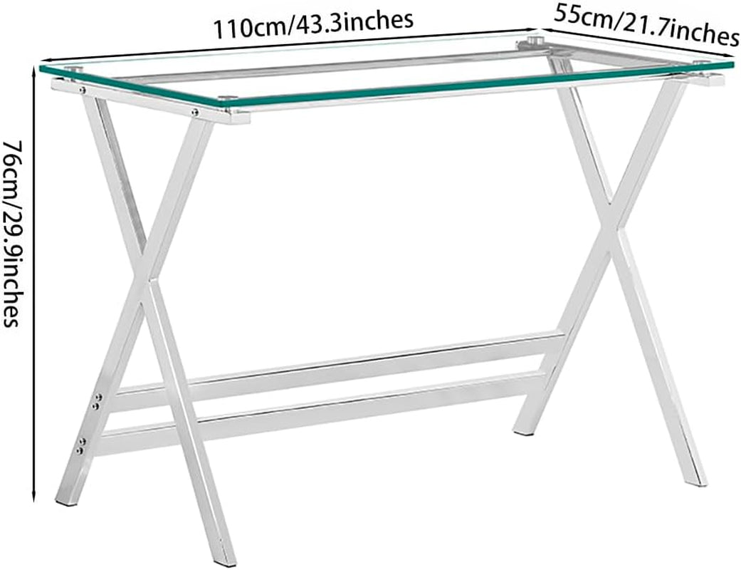 Clear glass desk and chrome X-frame shown with printed dimension labels 43.3 x 21.7 x 29.9 inches