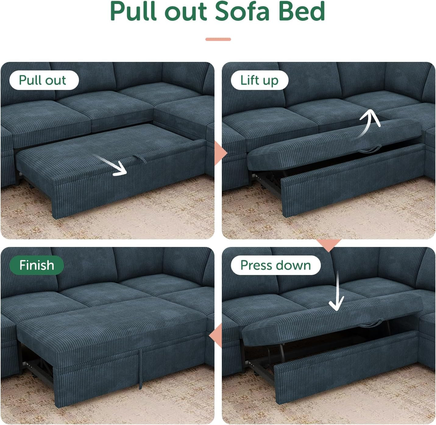Modular Sectional Sleeper Couch with Pull Out Bed, Corduroy L Shaped Sofa with Storage, Convertible Sectional Couches for Living Room, Blue