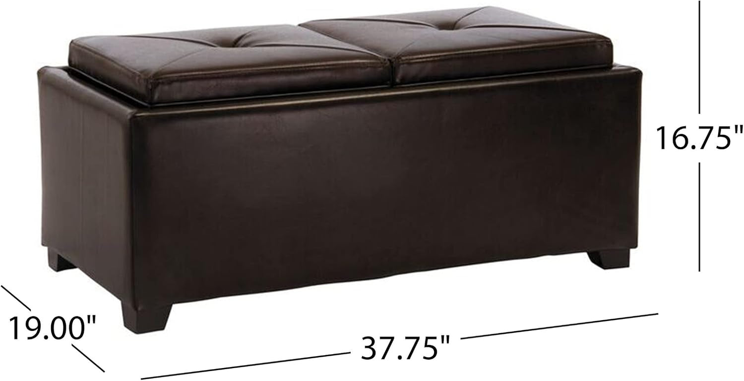 Front view of a brown bonded leather storage ottoman displayed with a dimensional overlay against a white background