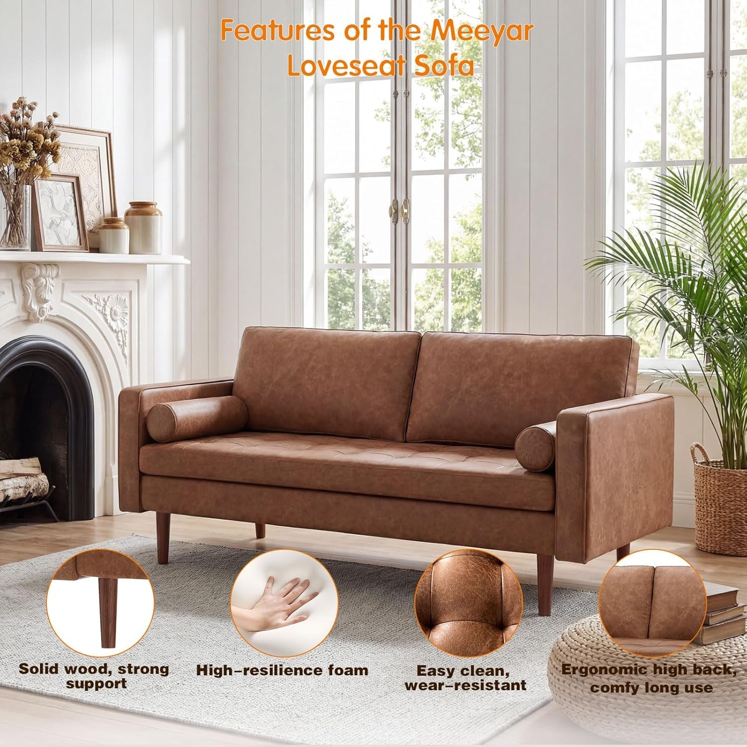 Faux Leather Sofa,70" Brown Leather Couch for Living Room