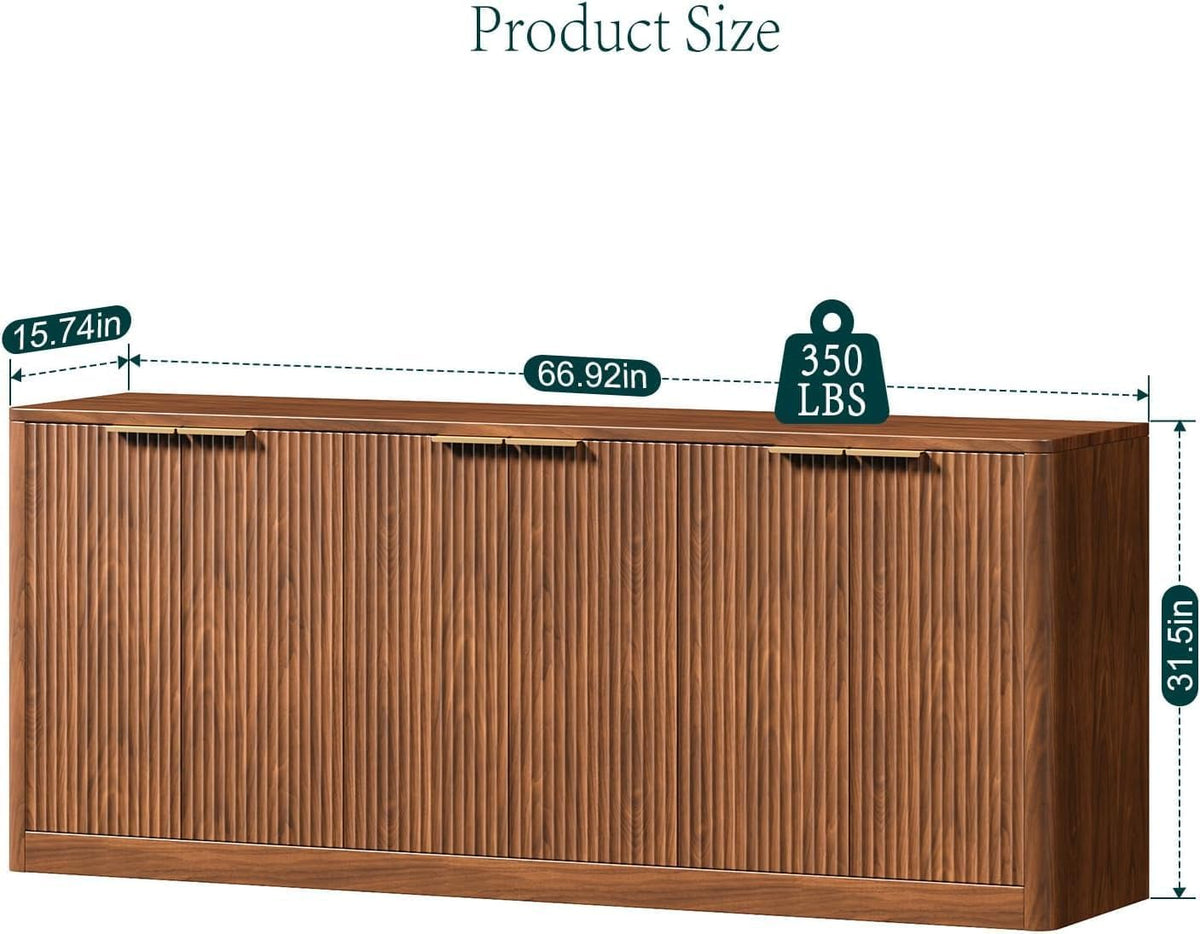 Front view diagram of the walnut buffet showing annotated width, depth, height and weight icon.
