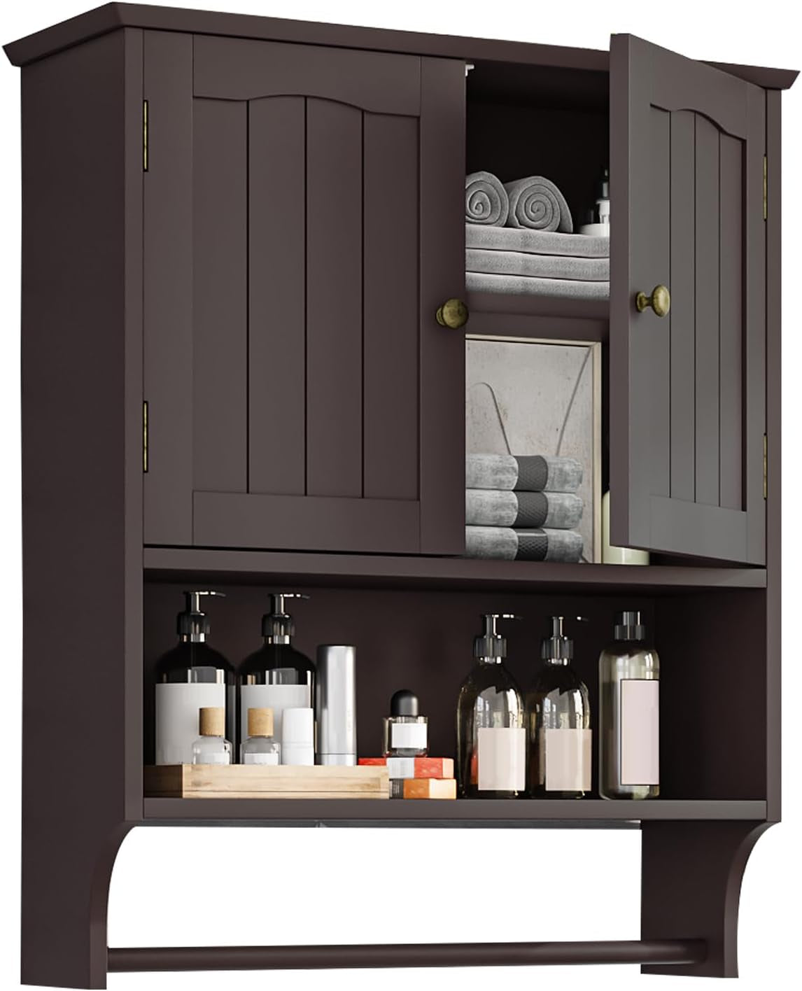 Close-up of dark brown wall cabinet showing one door ajar and bottles on the open shelf.