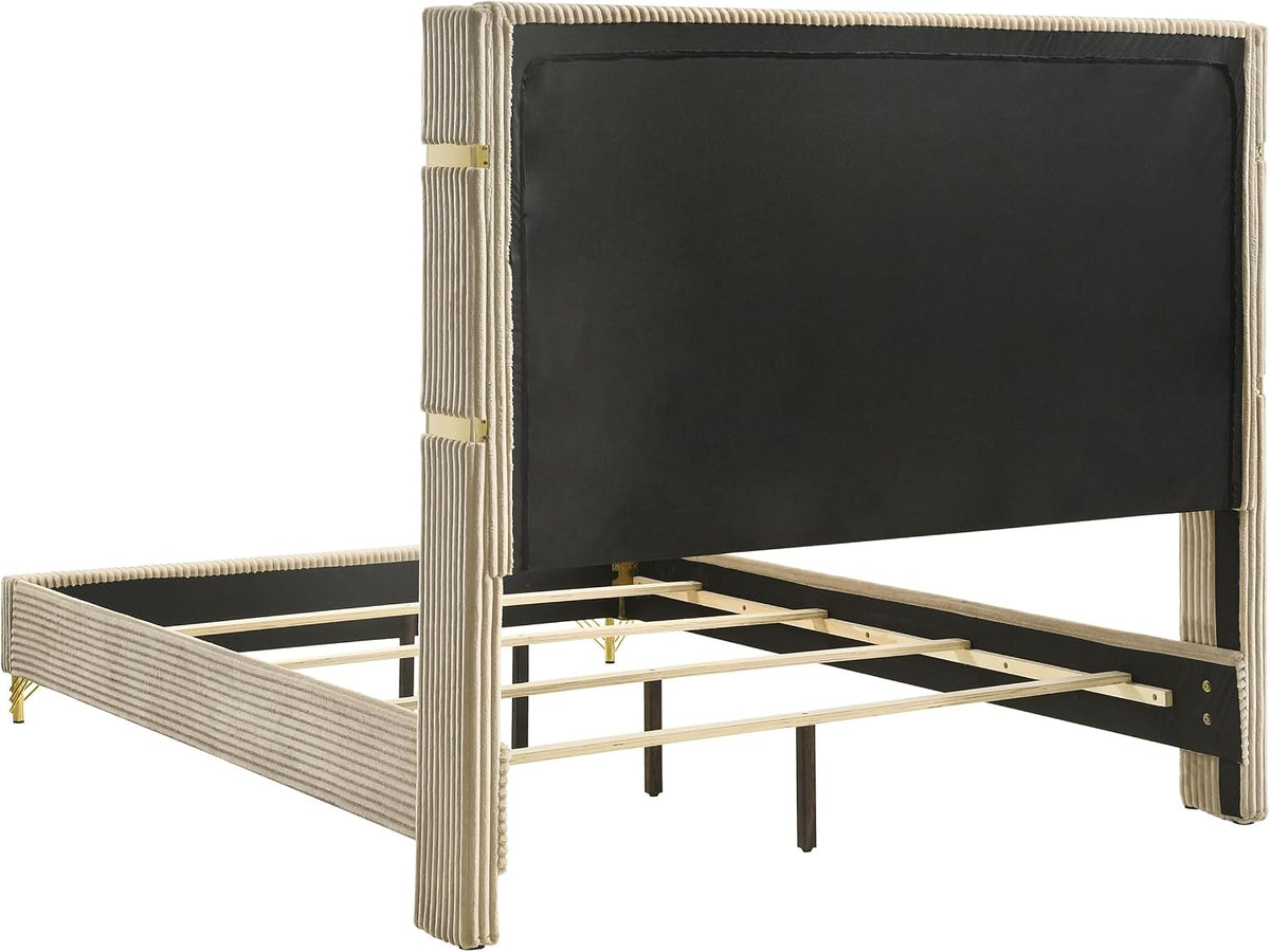 Rear view of wingback headboard and bed frame showing black backing, wooden slats and center support leg
