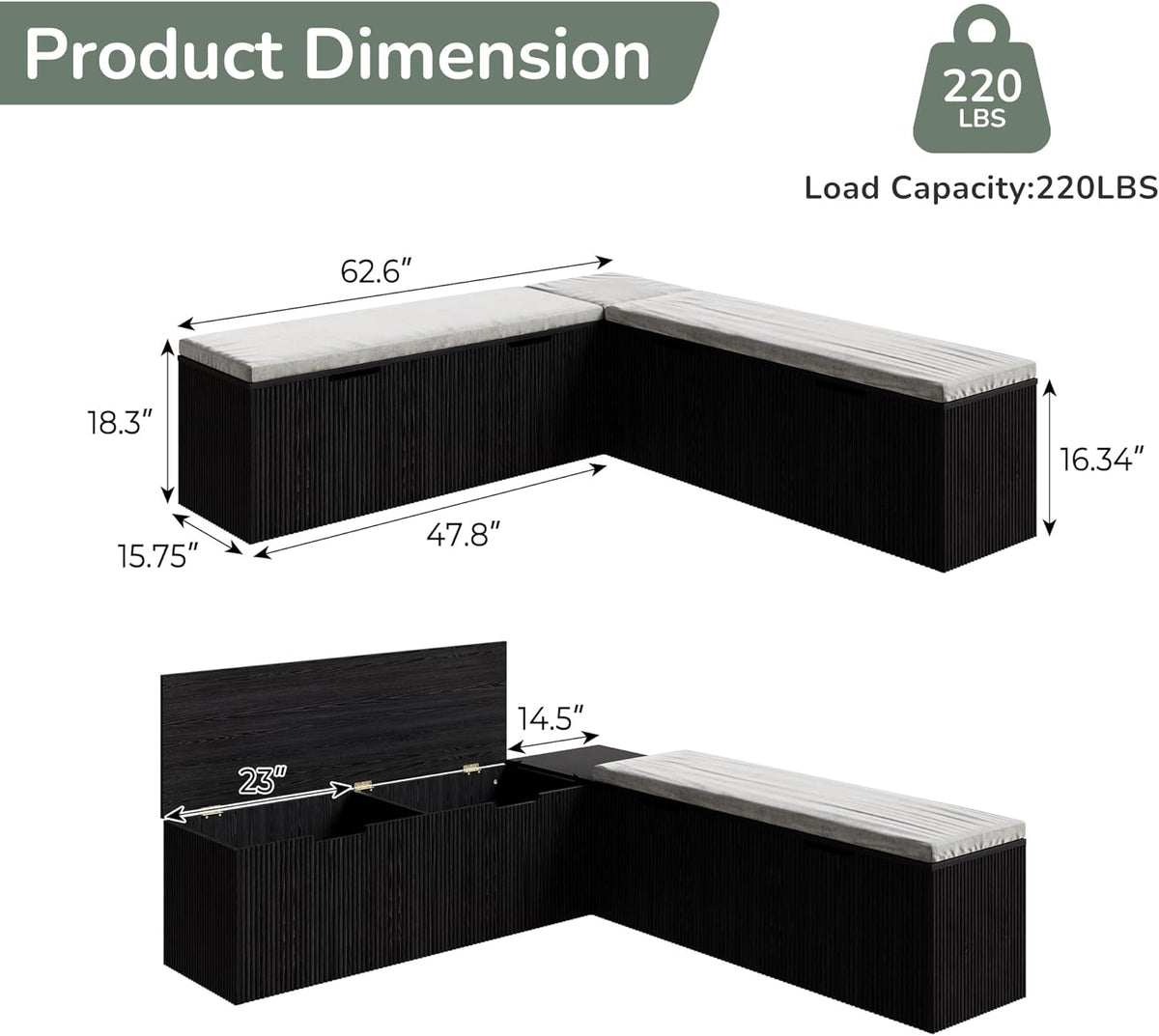 Two-view product dimension graphic showing 62.6" L-shaped bench with measurements and a top-open storage compartment