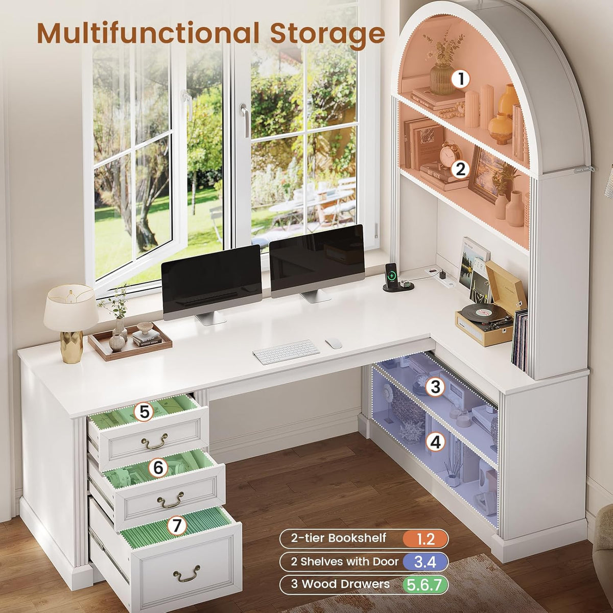 White L-shaped desk with arched hutch, drawers and shelves by tall windows
