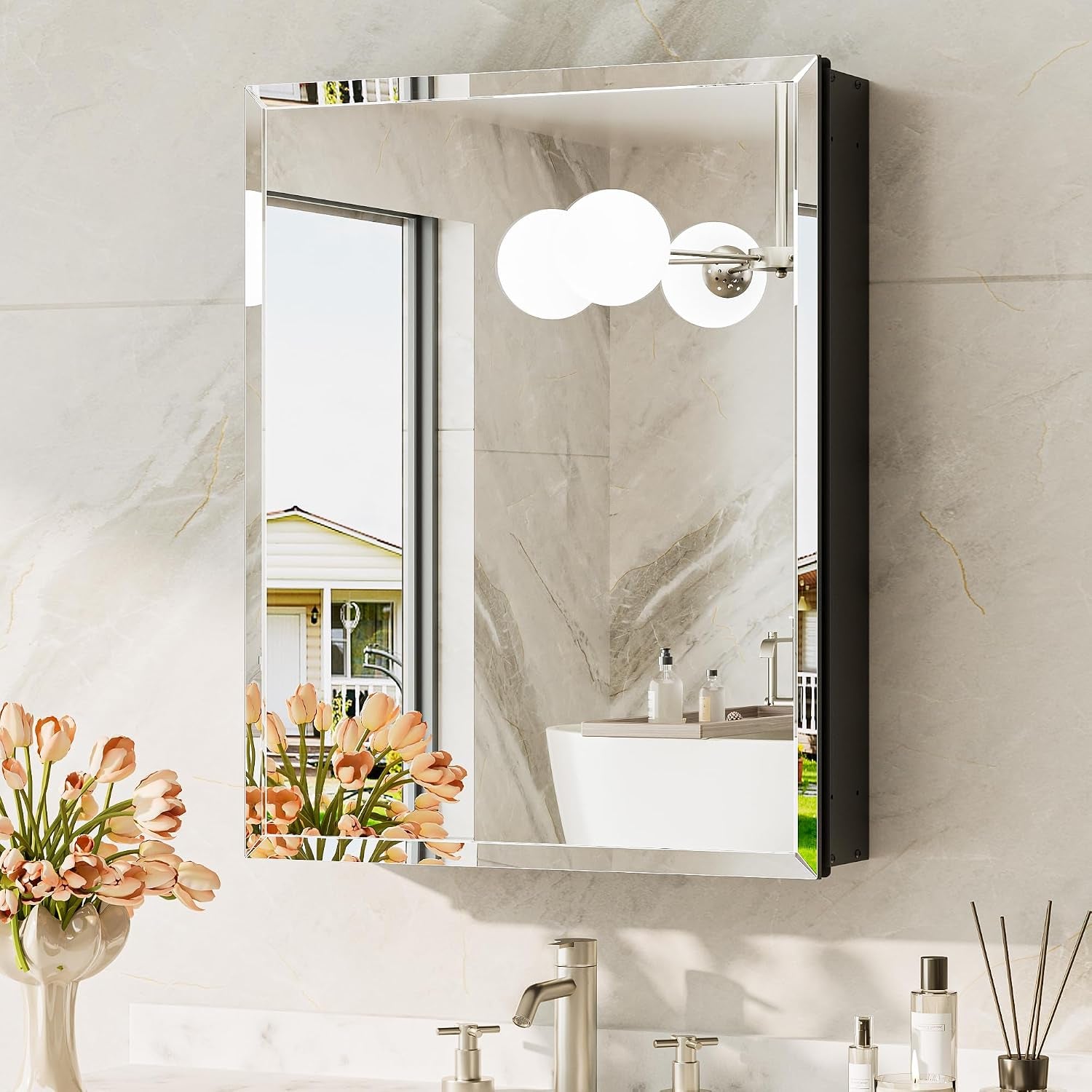 Mirrored cabinet seen from the side revealing a dark-colored cabinet box and mirrored door.
