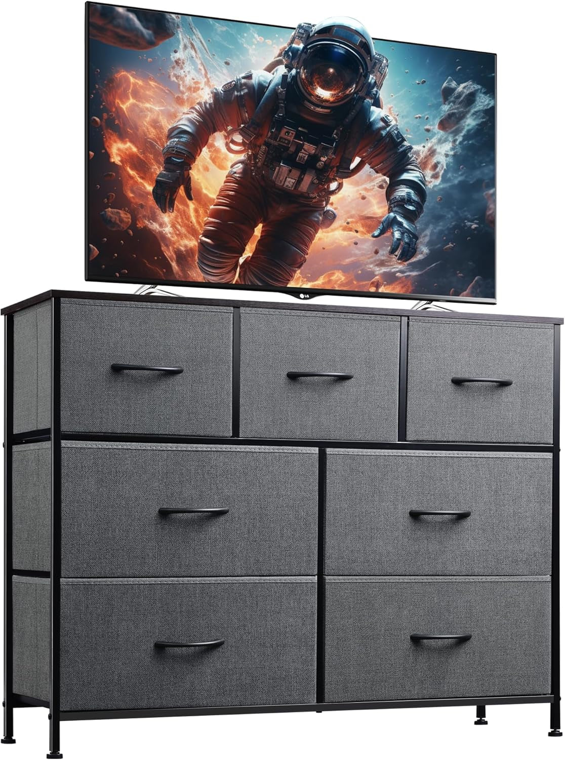 Charcoal gray fabric-drawer dresser with dark frame shown beneath a large TV displaying an astronaut