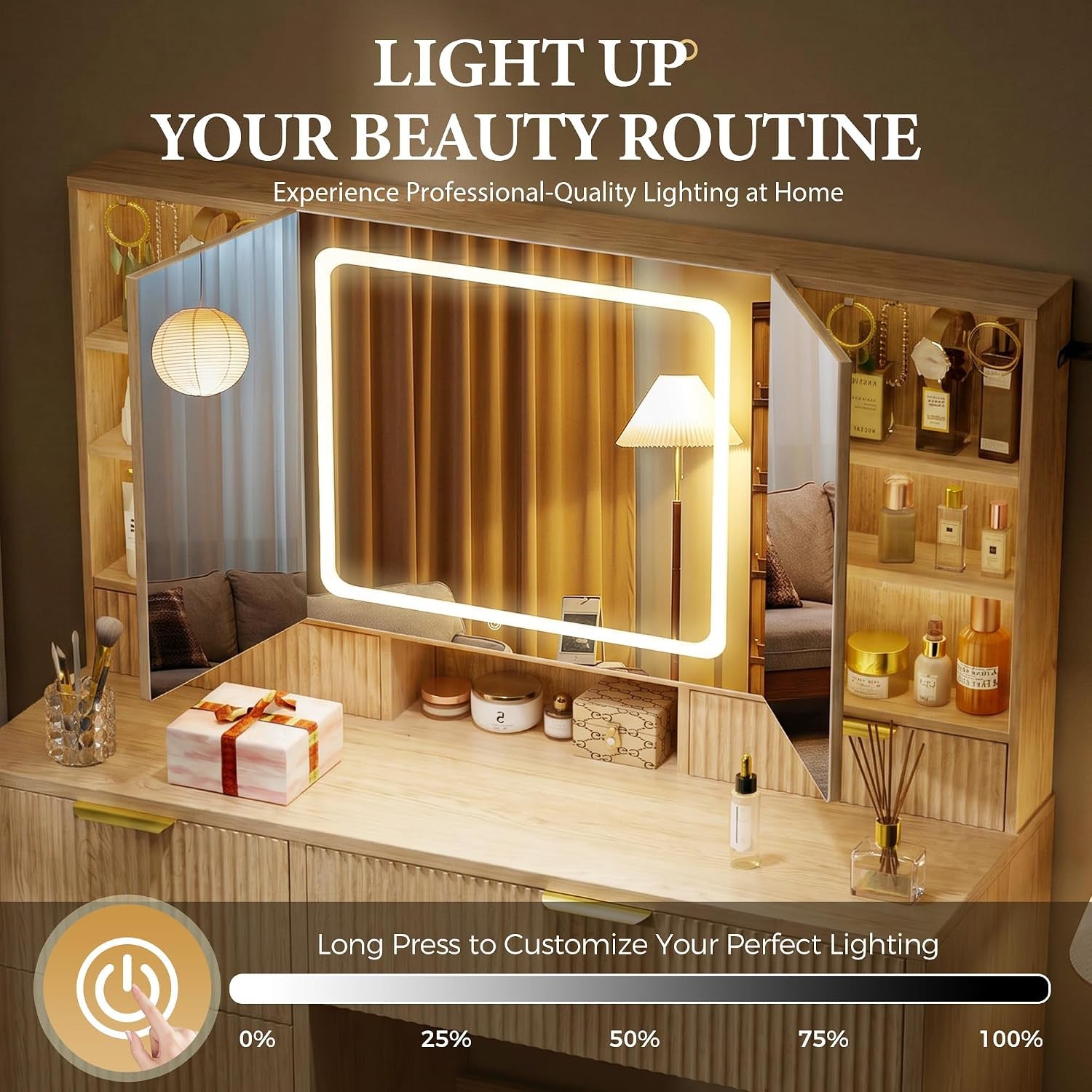 Close-up of tri-fold mirror lit in warm mode with interior shelving and jewelry hooks visible