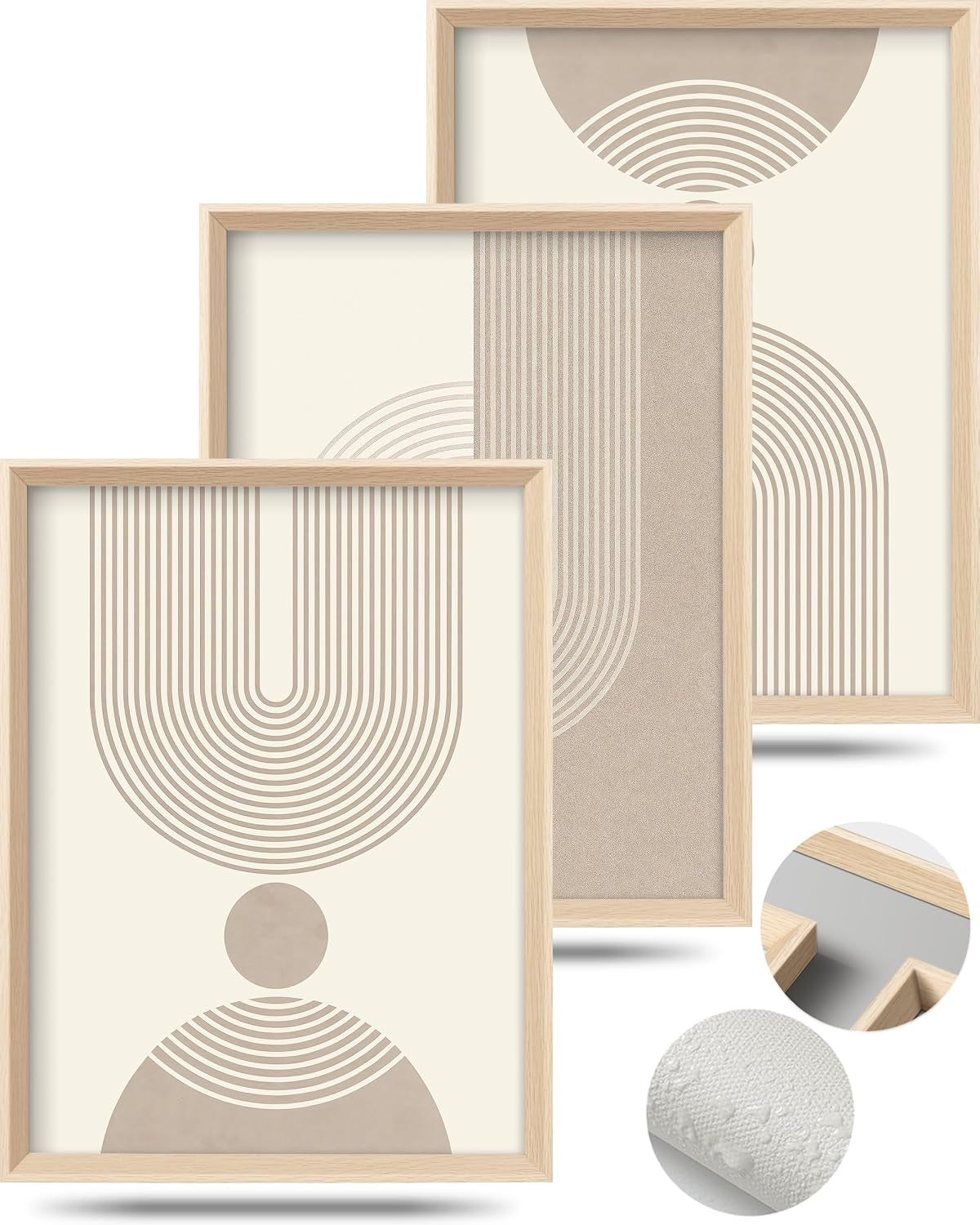 Three framed minimalist beige prints featuring concentric arched lines and textured panel, shown with frame corner and