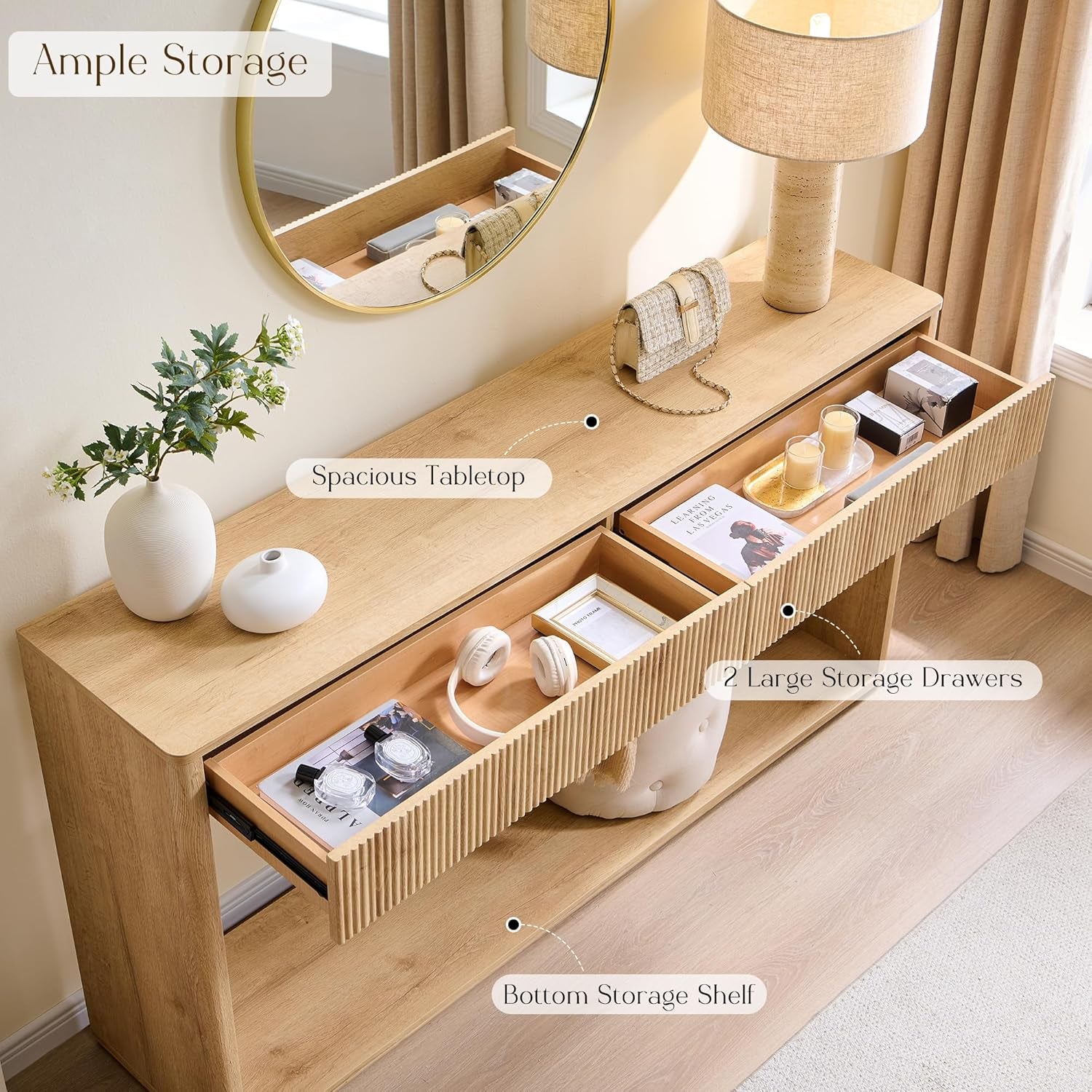 Close-up collage of smooth curved edge, fluted drawer front and sturdy bottom shelf details
