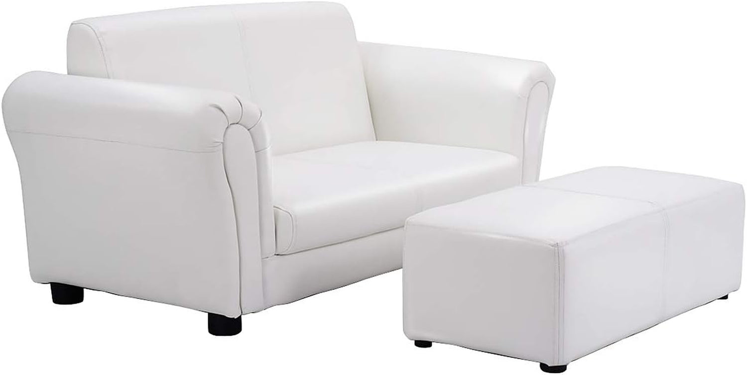 Three-quarter view of a white two-seat upholstered sofa with rolled arms and a matching rectangular ottoman on a white