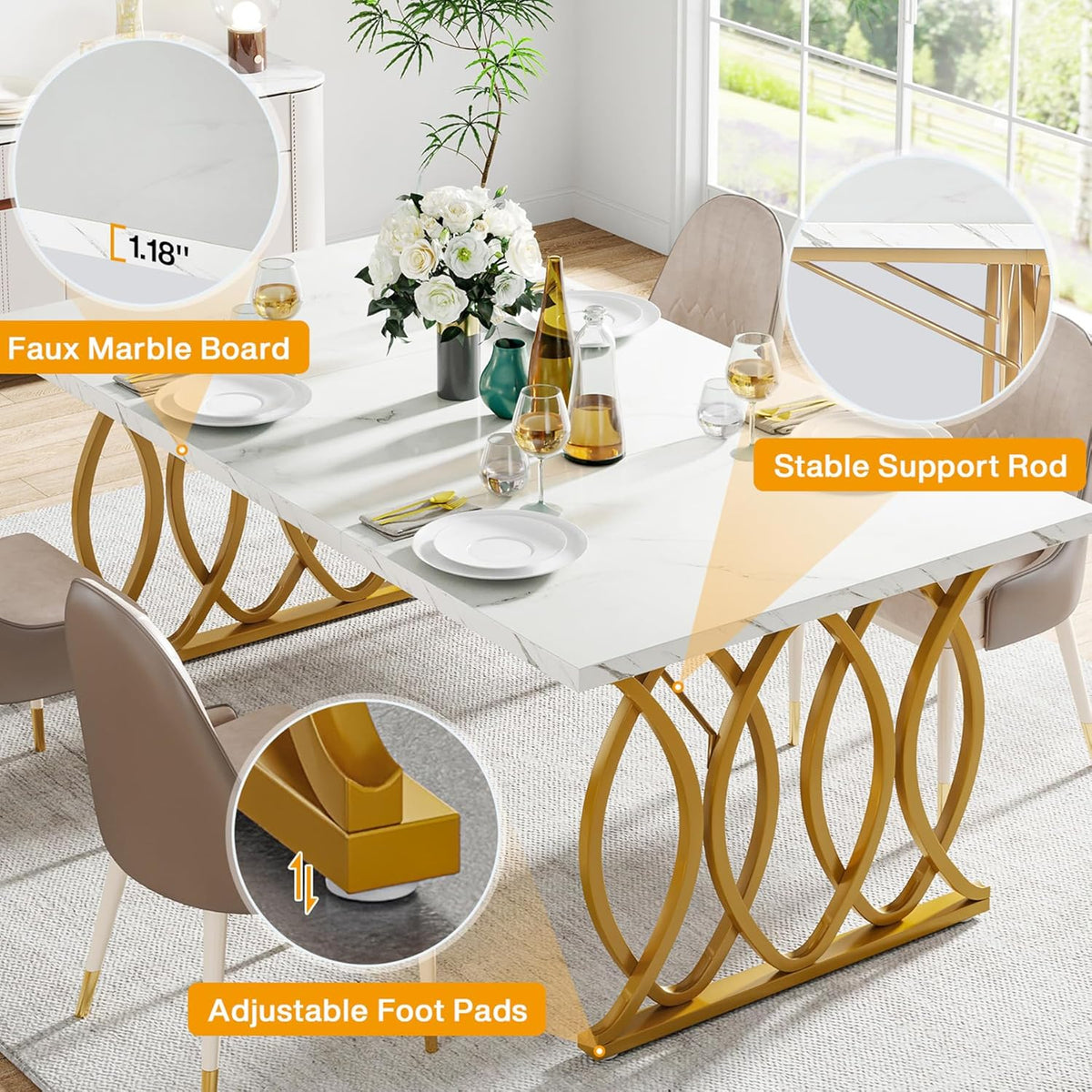 Table corner with inset callouts highlighting the faux-marble board edge, support rod, and adjustable foot pad.