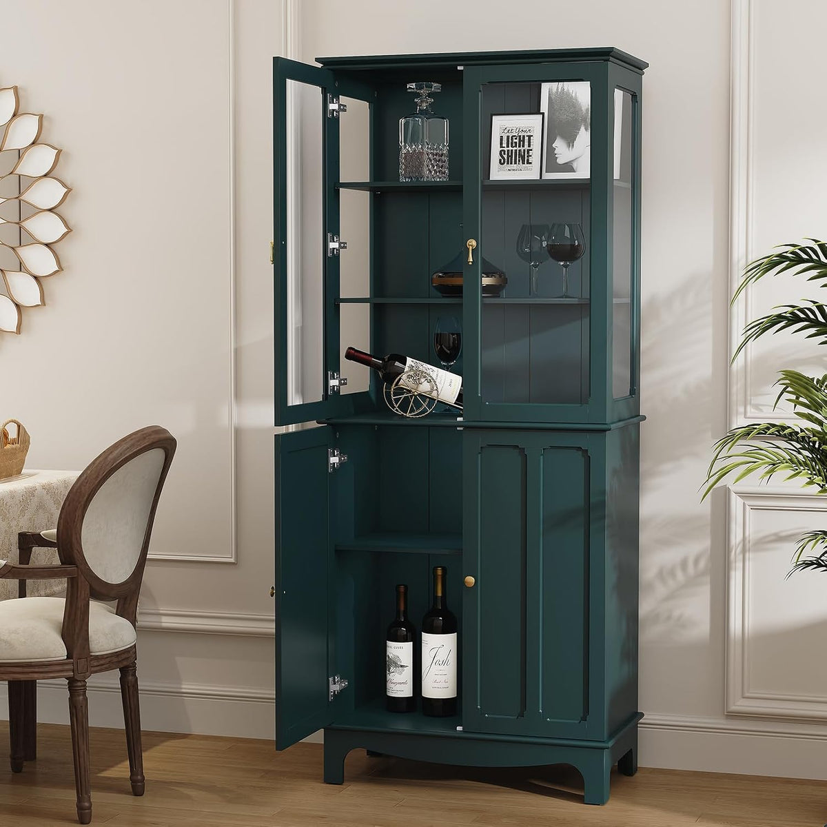 Lower cabinet doors open to reveal adjustable interior shelves storing bottles and containers