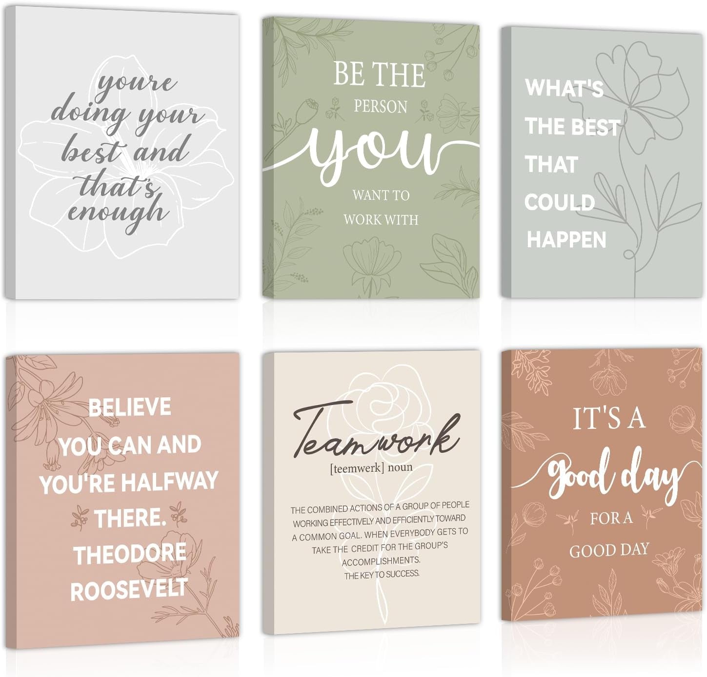 Nine canvases in muted tones showing floral line-art backgrounds and large typographic motivational layouts in white and