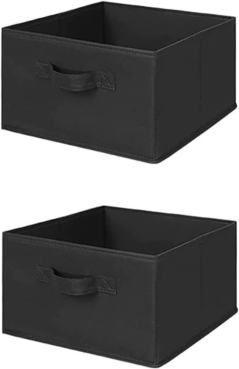 Two black square fabric storage bins with front pull handles stacked vertically on a white background.