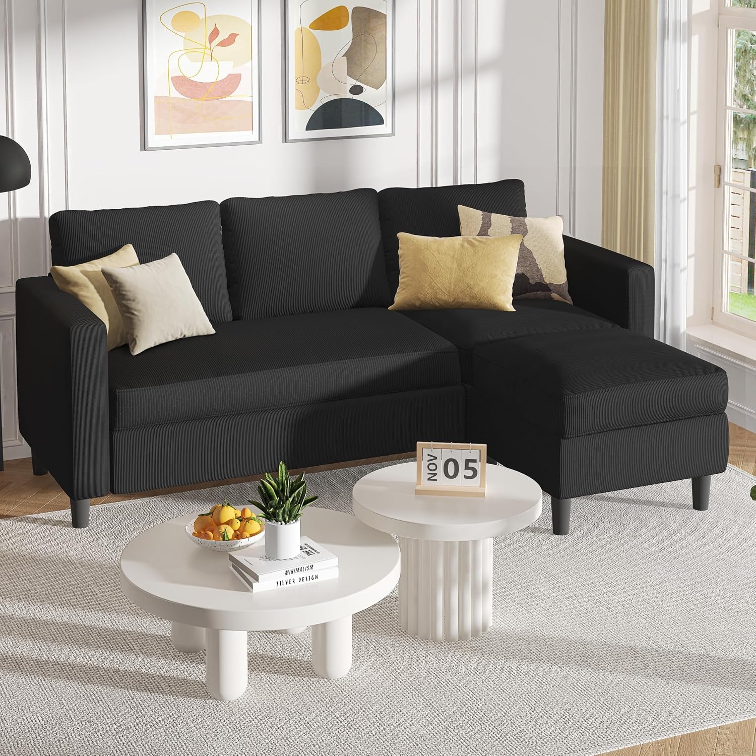 Modern Upholstered Sectional Sofa, L-Shaped Couch with Movable Ottoman and Reversible Chaise for Living Room, Black Corduroy Fabric