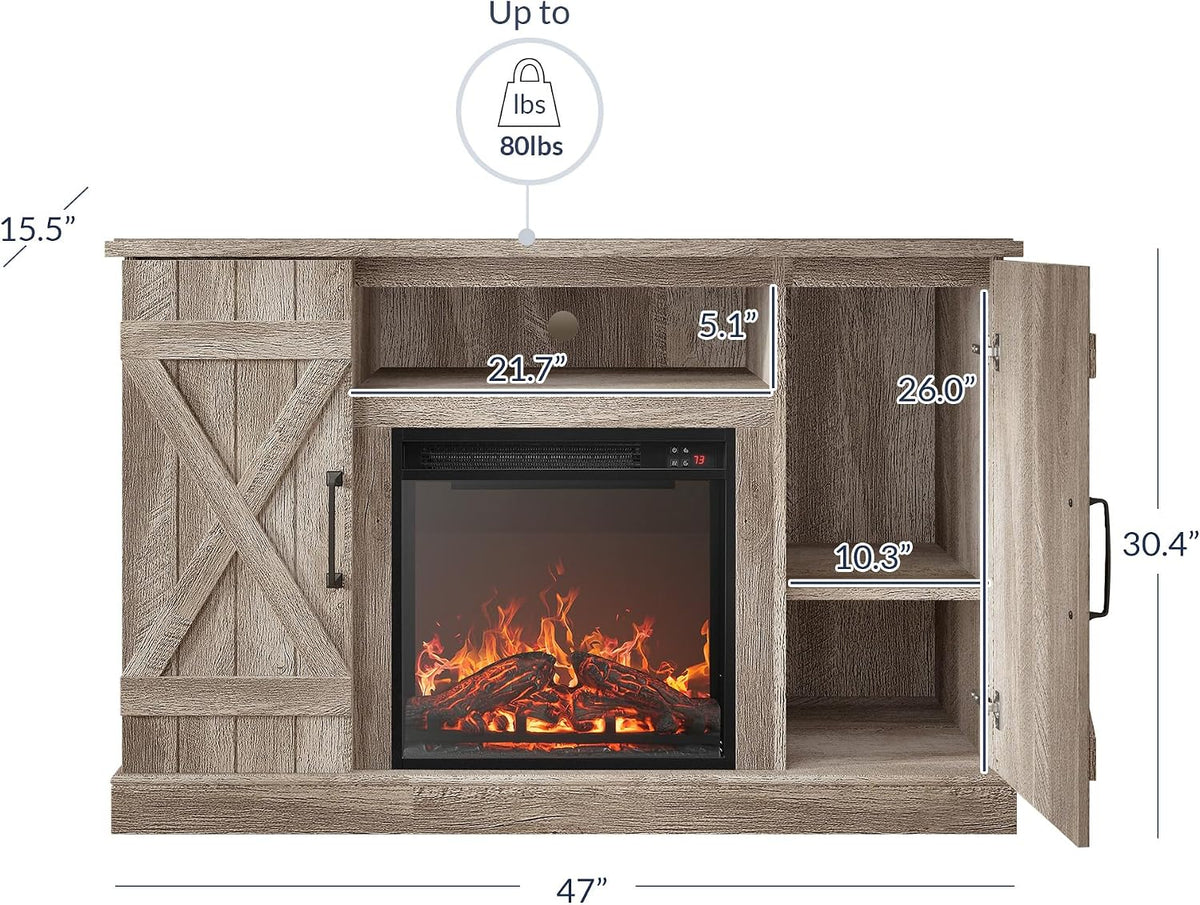 Front view with labeled measurements showing the TV stand's 47-inch overall width and interior shelf dimensions
