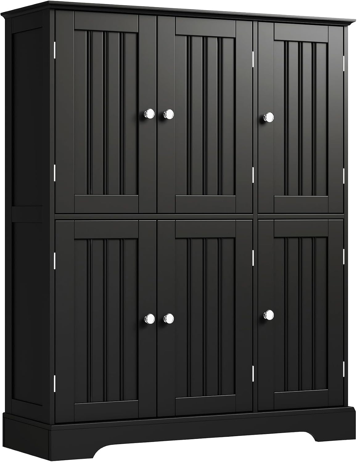 Tall freestanding storage cabinet with six paneled doors and round chrome knobs, shown in black.