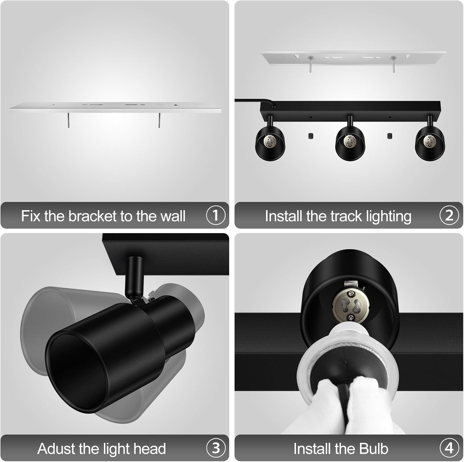 Four-step diagram: fix the rectangular bracket to the wall, attach the black track with three heads, tilt to adjust each