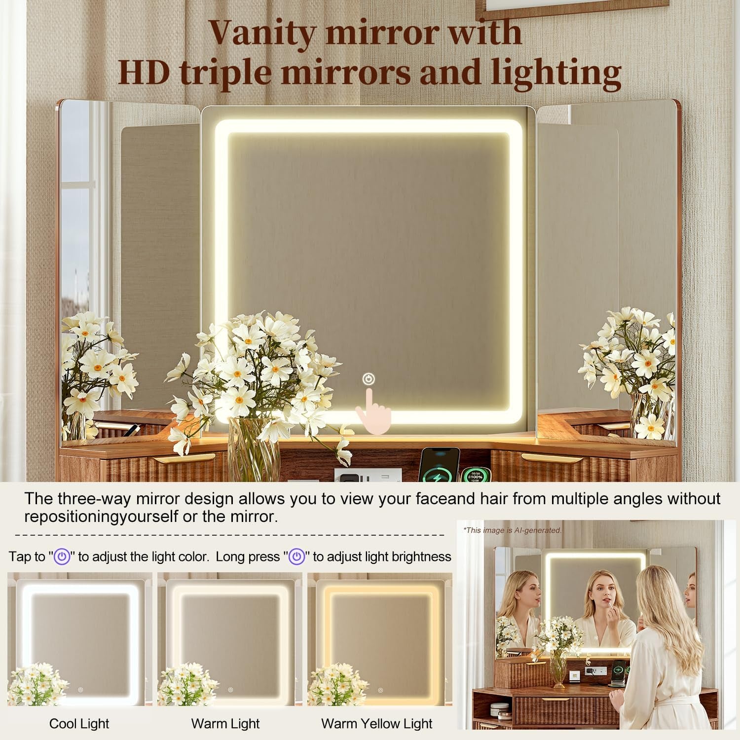 Three-panel vanity mirror with illuminated square LED border reflecting flowers on the tabletop.