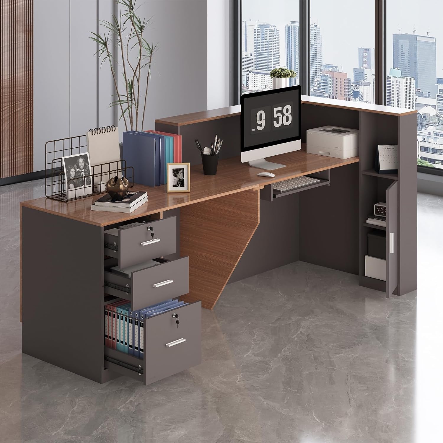 Angled interior view of desk showing keyboard tray, open cubbies and three-drawer storage with walnut desktop