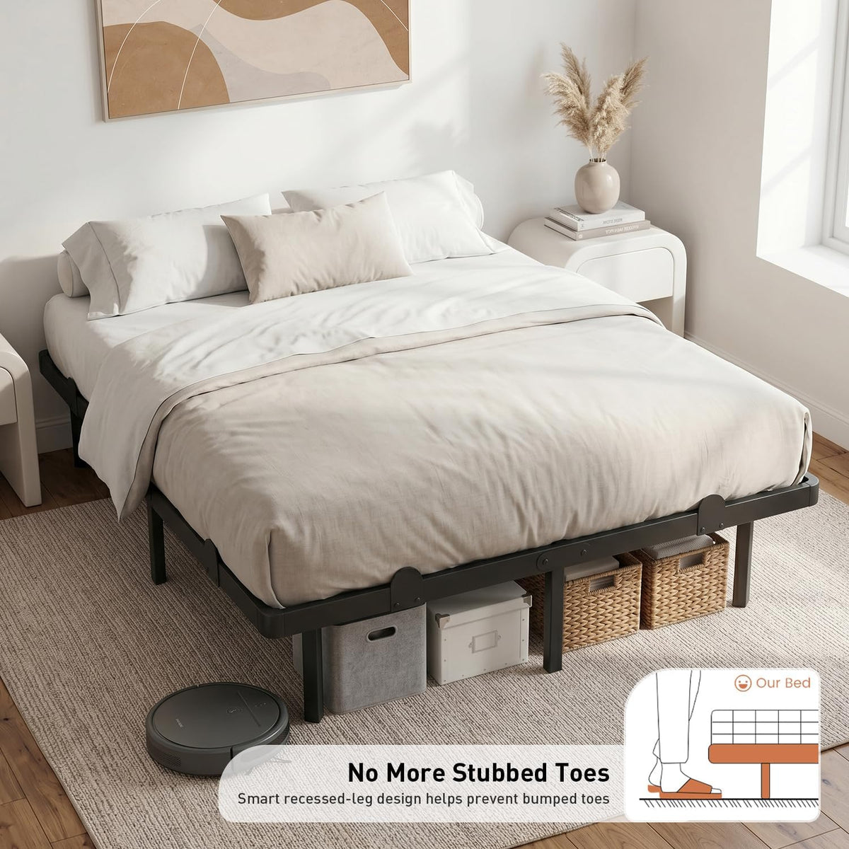 Black metal platform bed frame with mattress and neutral bedding shown in a bedroom, low side view
