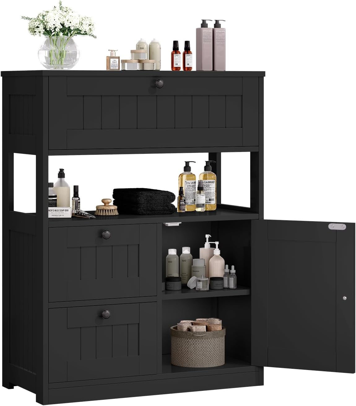Tall black freestanding cabinet with open middle shelf, two left drawers and right door open revealing storage and bottles