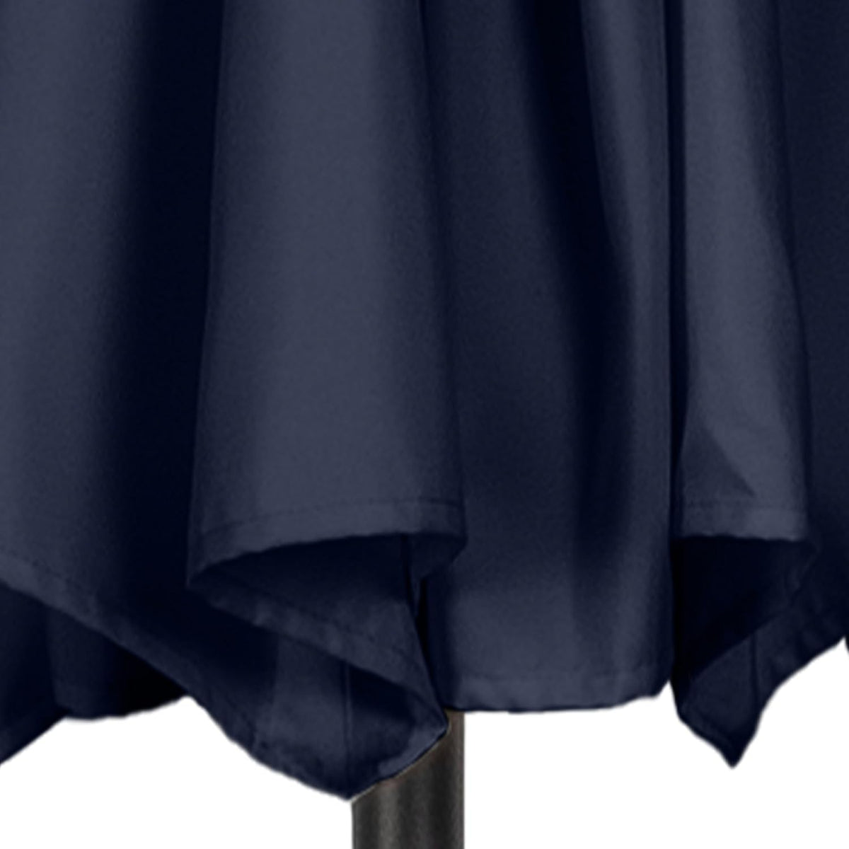 Close-up of navy polyester canopy hem drape over the steel pole showing fabric detail