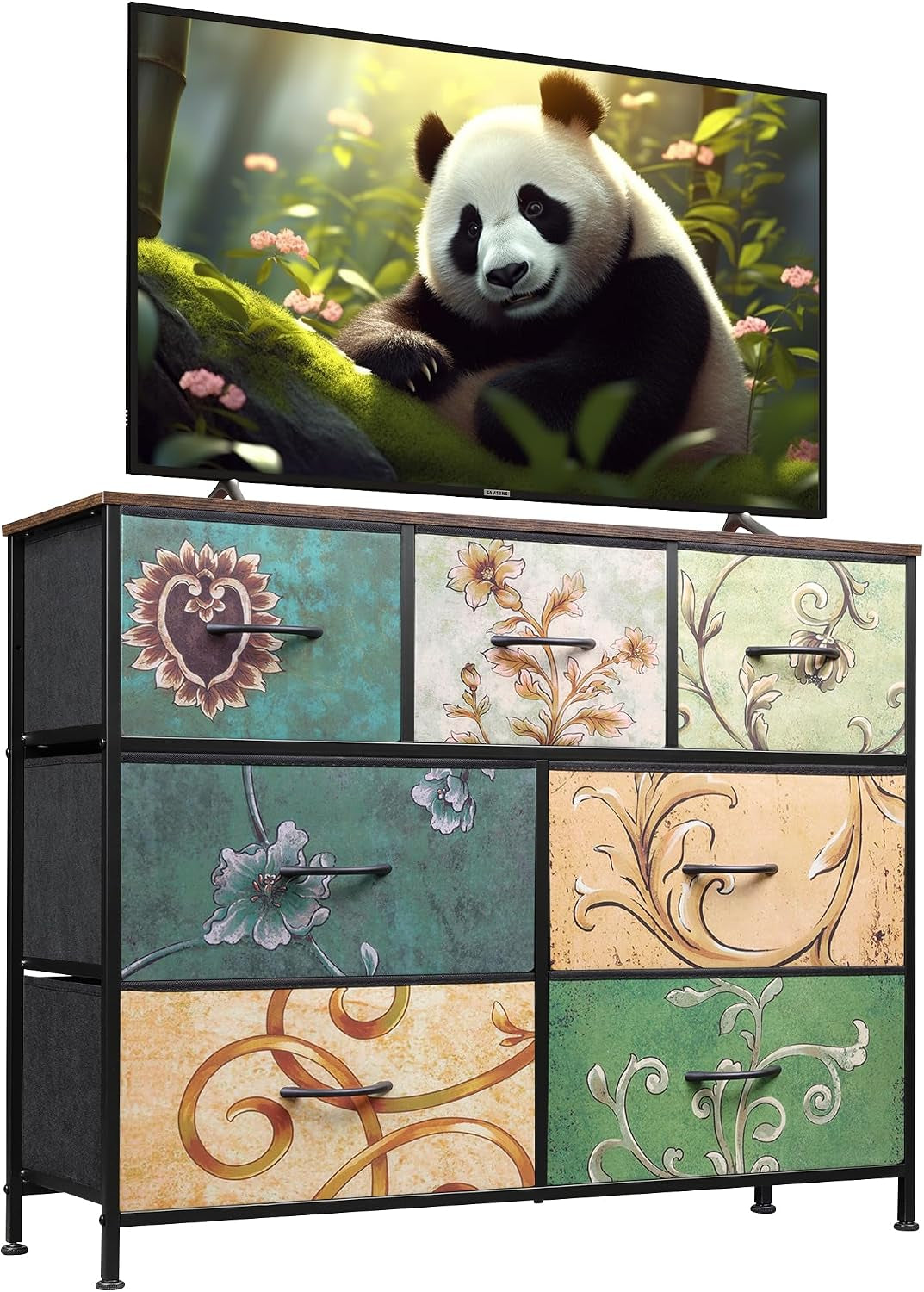 Front view of dresser with multicolored floral-pattern drawer fronts and a TV on top