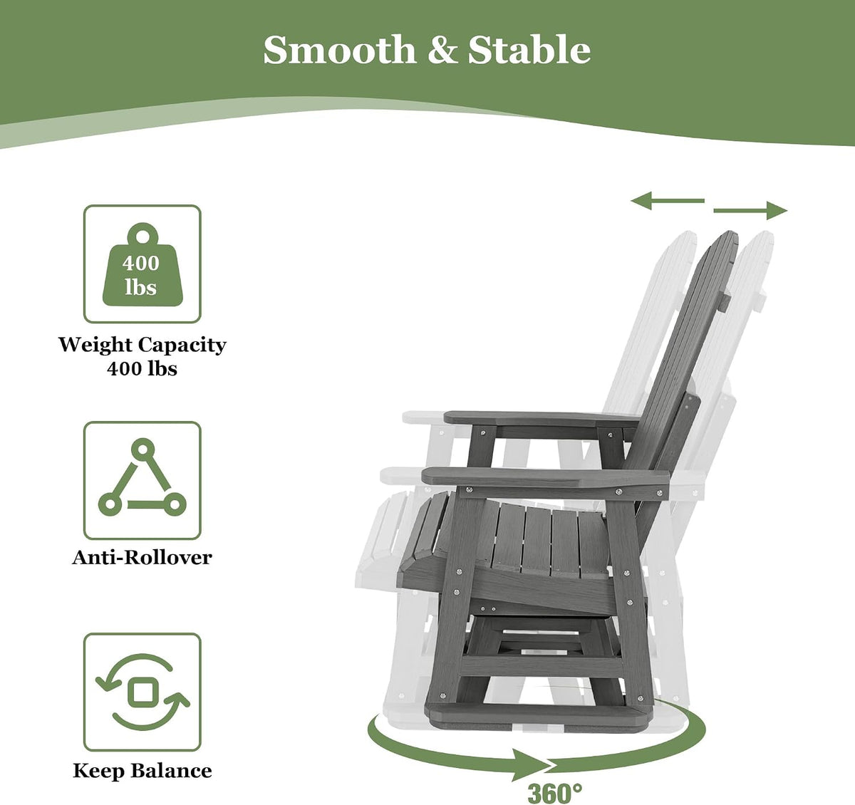 Side profile of gray patio glider chair showing 360° rotation and smooth-glide motion graphics