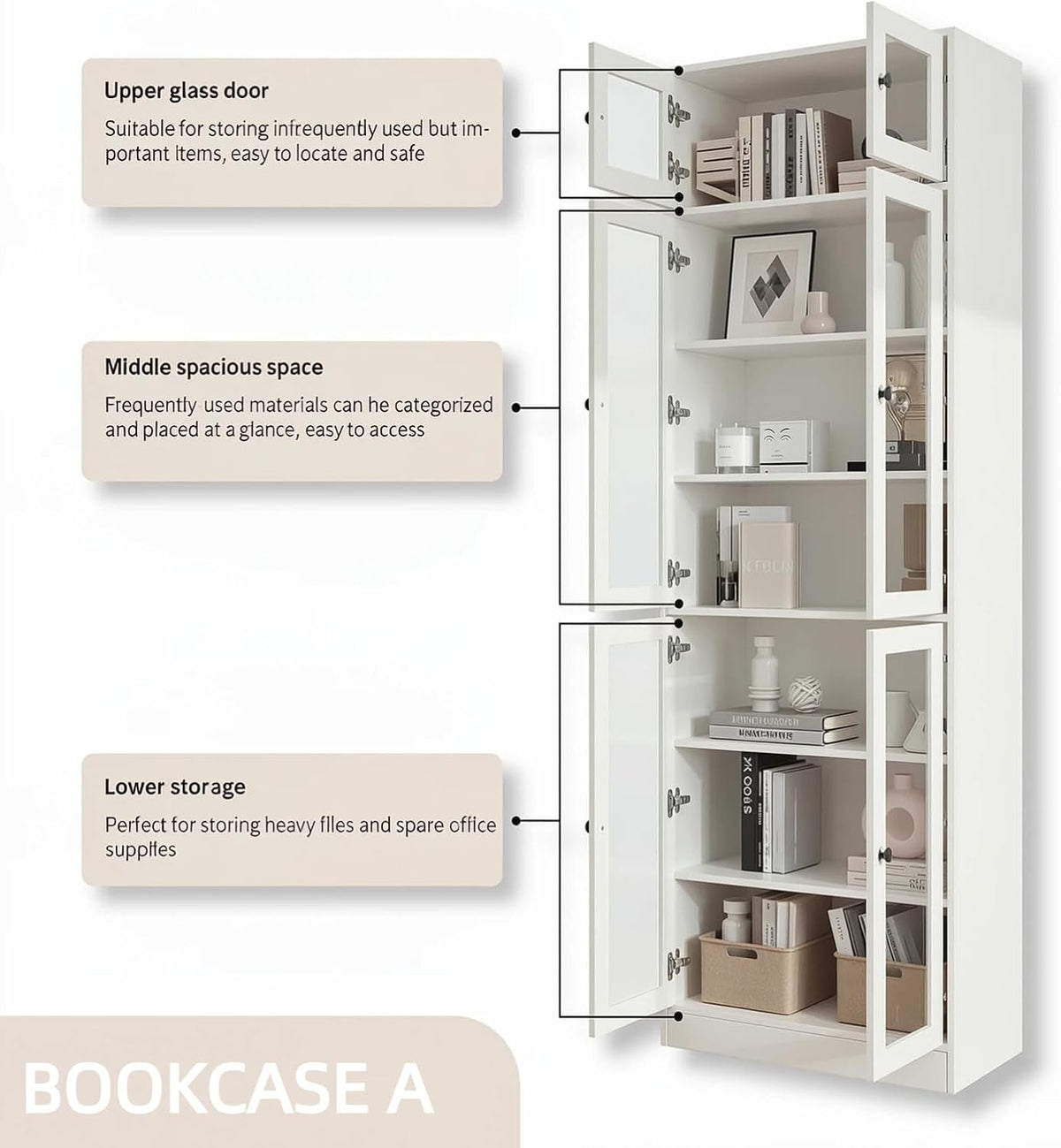 White bookcase shown with doors open and shelves visible alongside storage labels