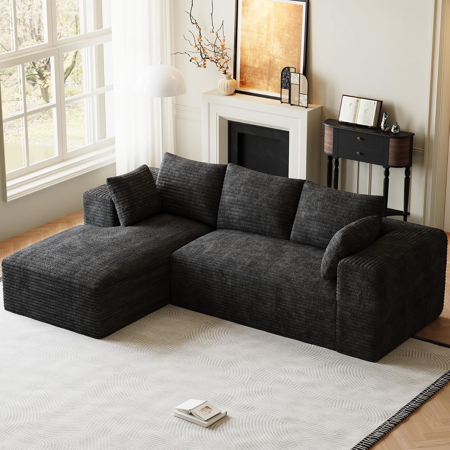 ONEMMLION 96" L-Shaped Cloud Boneless Couch Sofa with Chaise, Beige White | Corduroy Comfy Fluffy Modular Deep Seat Memory Foam Compressed Sectional Sofa for Living Room Oversized Left Facing Chaise