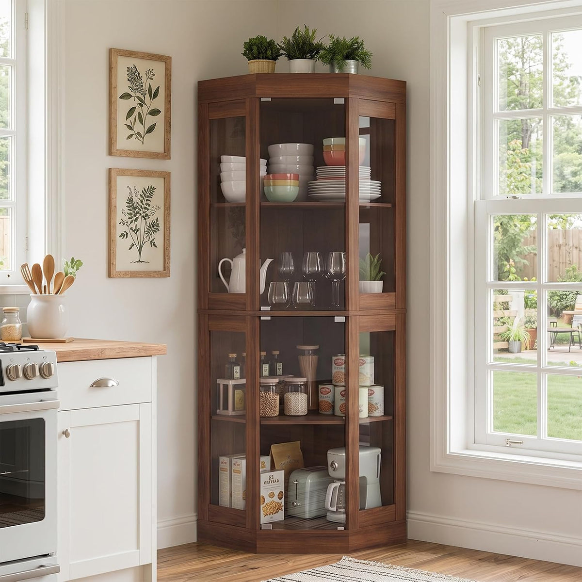 Tall corner storage cabinet in warm brown finish with glass doors staged in a kitchen corner.