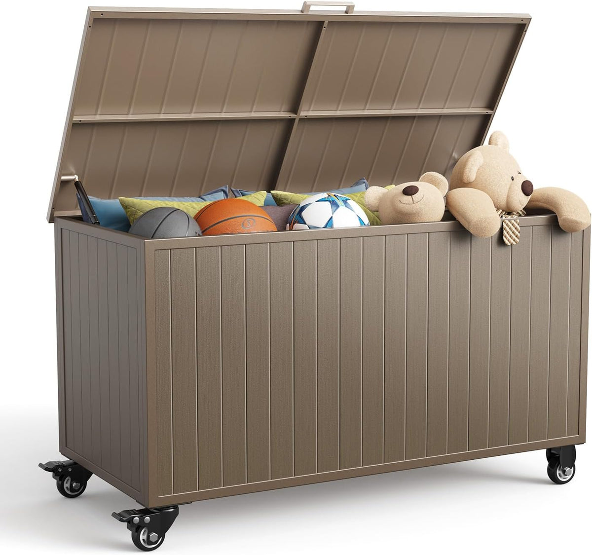 Taupe/brown storage box on swivel casters seen at an angle, lid open showing sports balls and stuffed bears