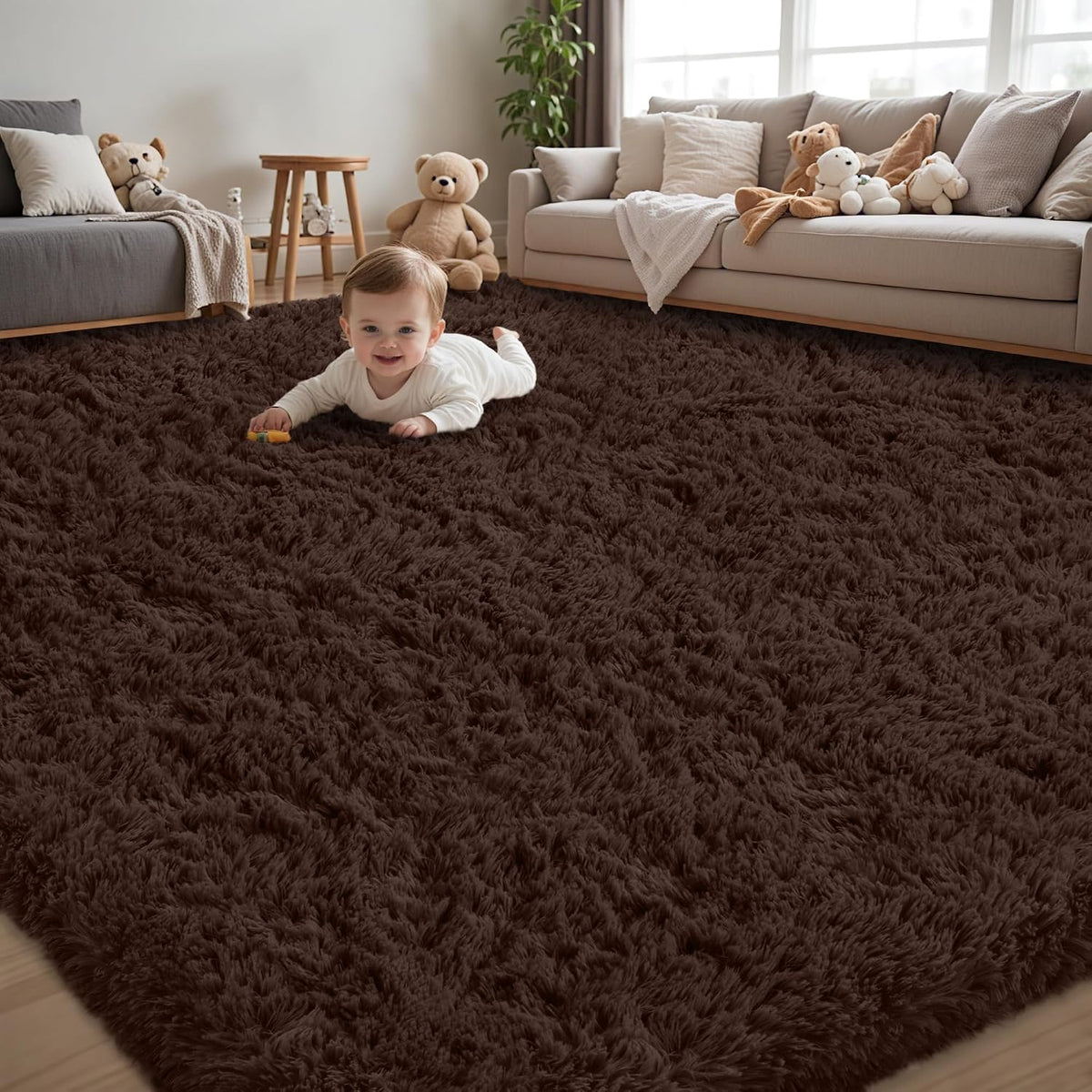 Baby lying on a deep brown shag rug placed between two sofas and a small side table.
