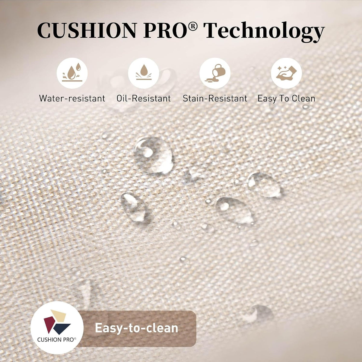 Beige cushion fabric close-up with water droplets showing textured weave and liquid beading on the surface.